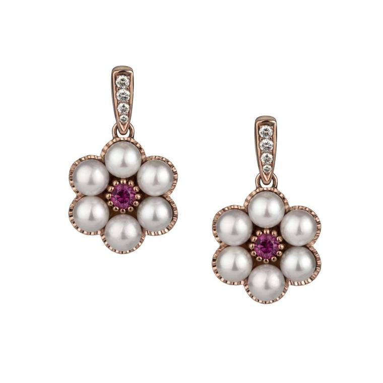 Rose gold, Akoya pearl and ruby earrings from Stephen Einhorn's Cinderella-inspired Posey collection (£1,743).
